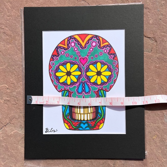 Yellow Daisy Eyes with Heart Third Eye Skull Matted Art Print, NWOT - Picture 2 of 4